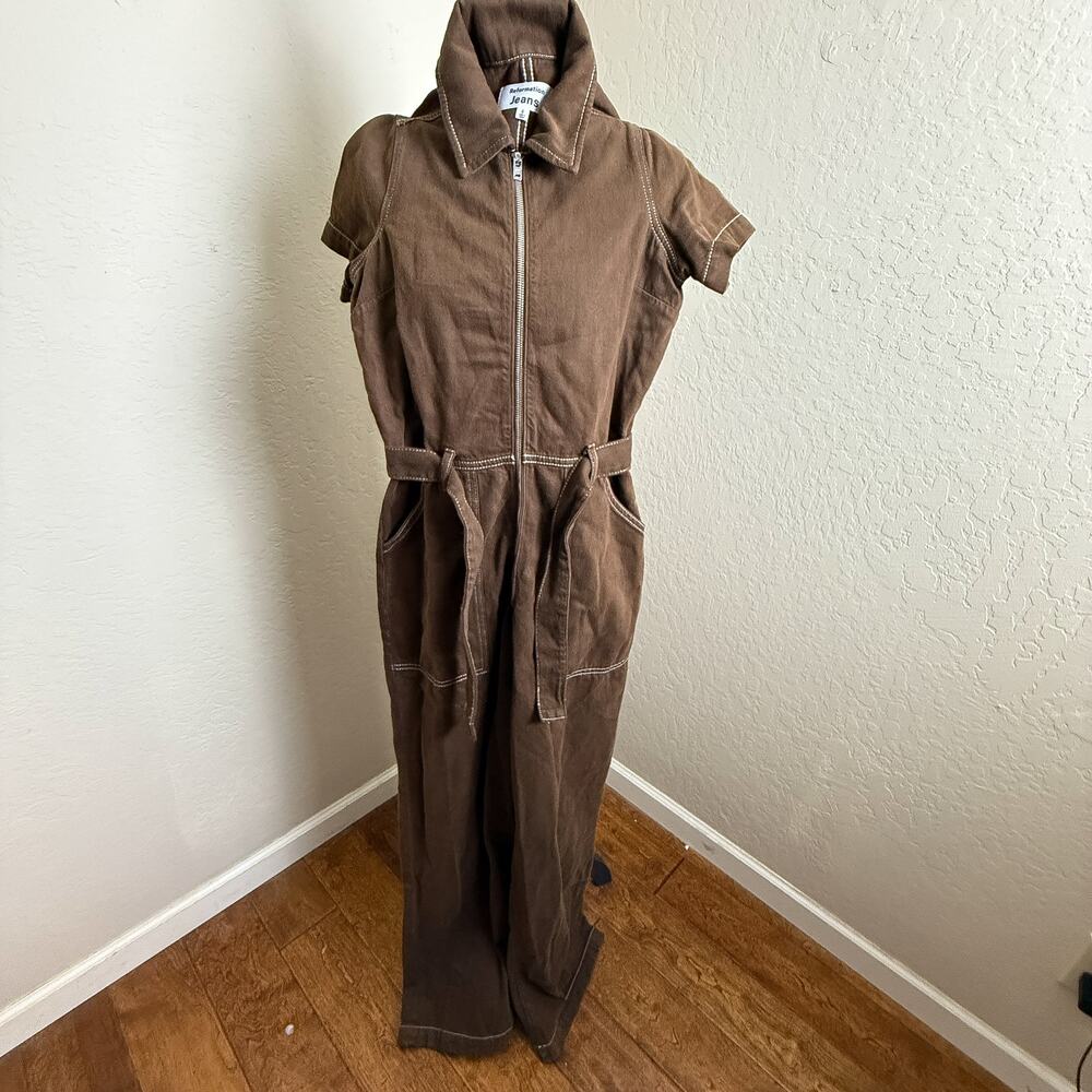 Reformation Jeans Brown Utility Jumpsuit Short Sleeve Zip Front Belted Size 0